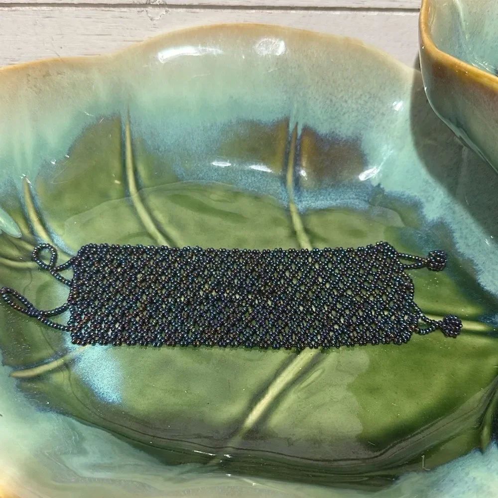 Hand-beaded Mesh Style Very Dark Tiny Iridescent Beads Bracelet Cuff